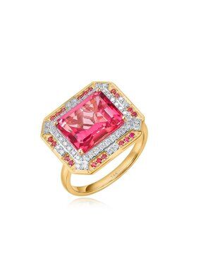 Pink Sapphire 14K (or 18k upon request) Yellow Gold Tourmaline Diamond Halo Ring